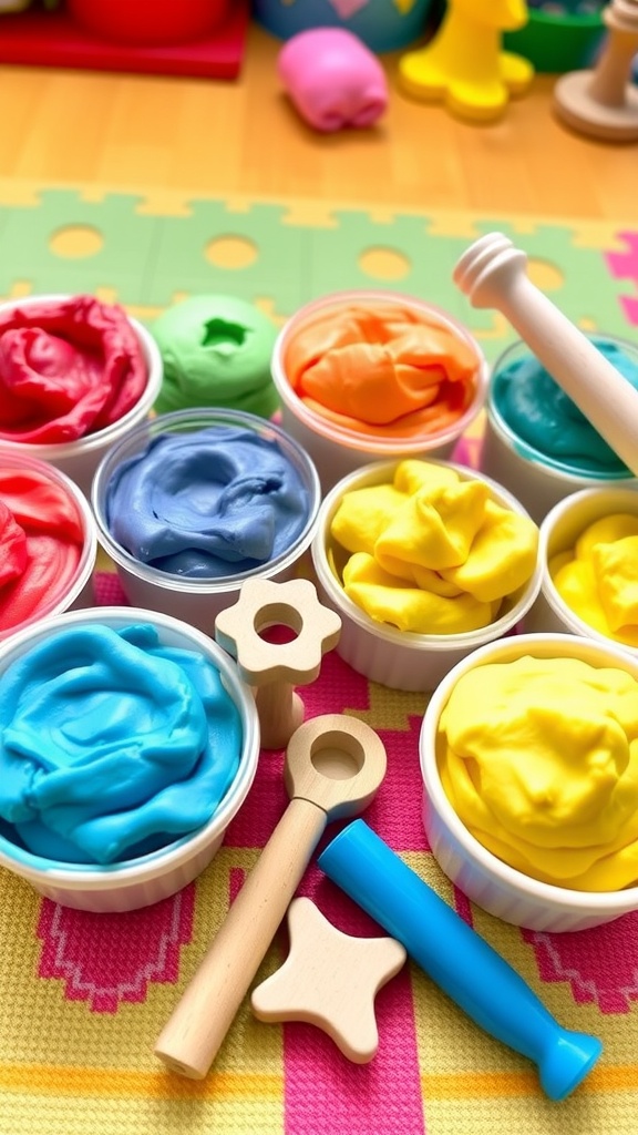 Colorful homemade play dough in bowls with cookie cutters on a play mat.